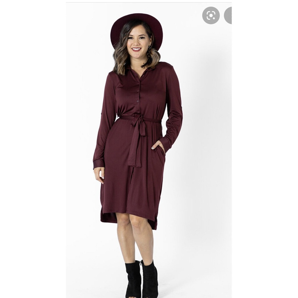 LuLaRoe Ellie Shirt Dress 2XL Red Wine Burgundy Long Sleeve Fall Knee Length NEW